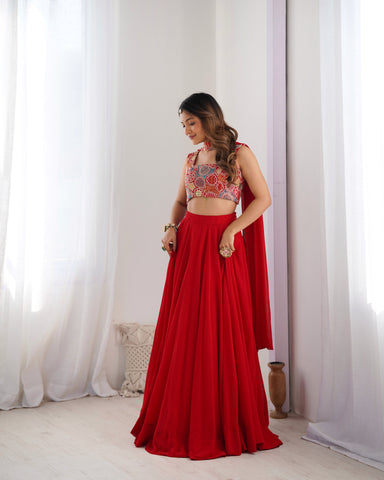 Red Pure Soft Fox Georgette Lehenga Set With Huge Flair & Dupatta