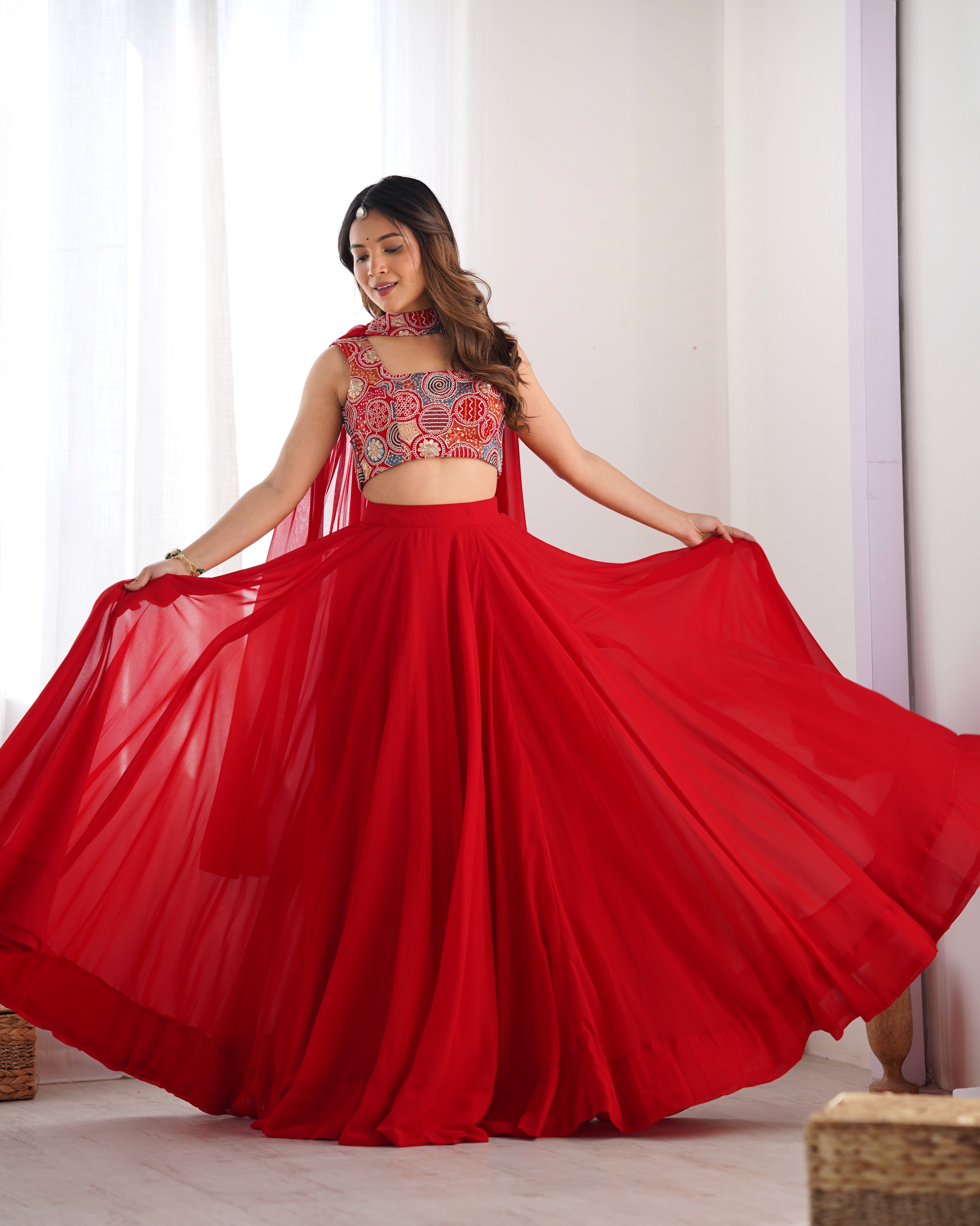 Red Pure Soft Fox Georgette Lehenga Set With Huge Flair & Dupatta