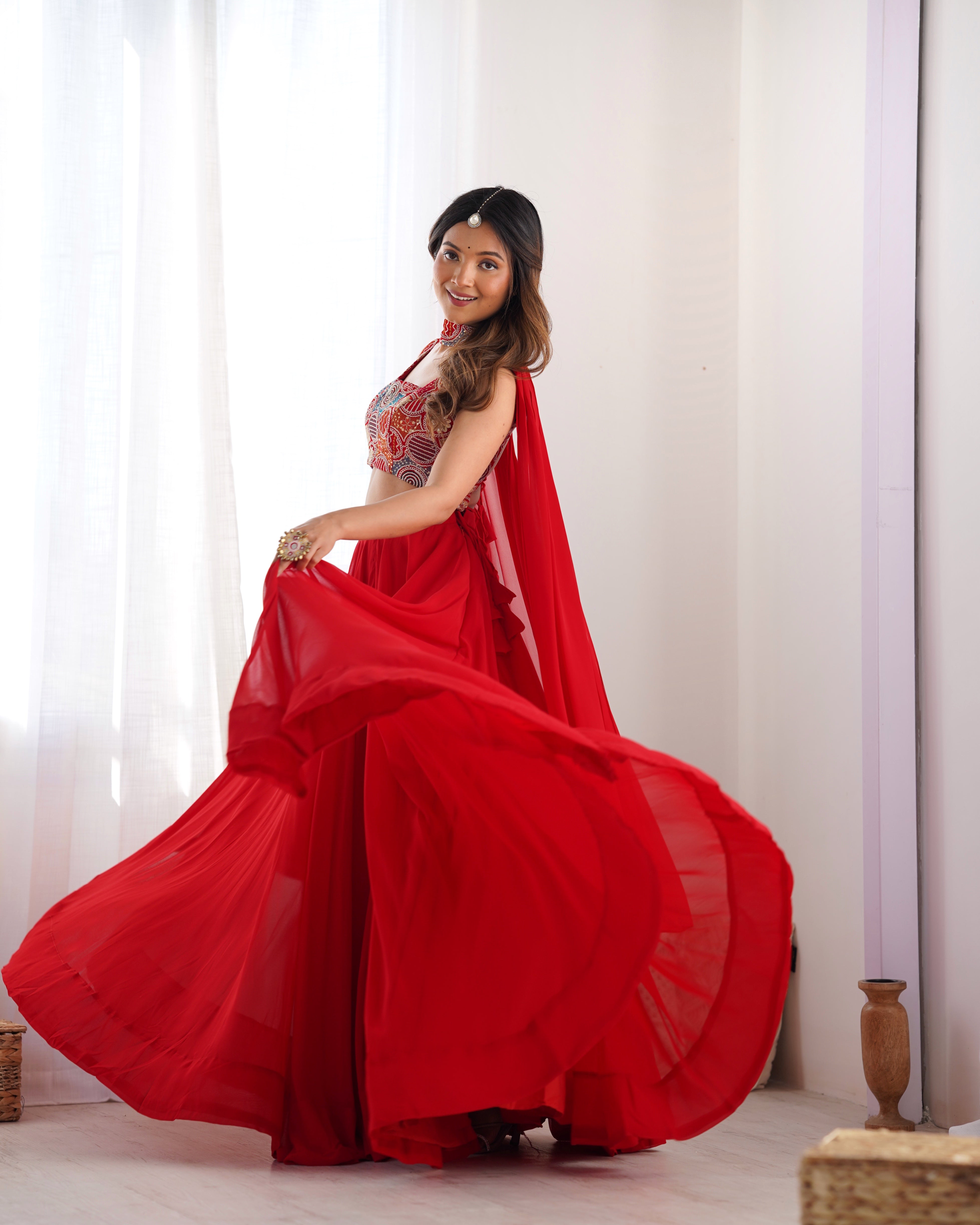 Red Pure Soft Fox Georgette Lehenga Set With Huge Flair & Dupatta