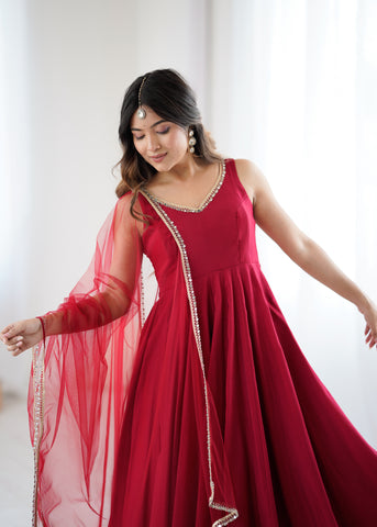 Pure Soft Roman Silk Chanderi Fabric Anarkali Suit Comes With Duppatta & Pant - Maroon