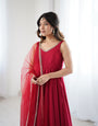 Pure Soft Roman Silk Chanderi Fabric Anarkali Suit Comes With Duppatta & Pant - Maroon