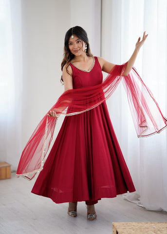 Pure Soft Roman Silk Chanderi Fabric Anarkali Suit Comes With Duppatta & Pant - Maroon