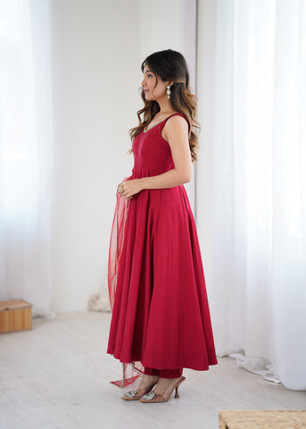 Pure Soft Roman Silk Chanderi Fabric Anarkali Suit Comes With Duppatta & Pant - Maroon