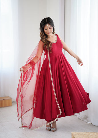 Pure Soft Roman Silk Chanderi Fabric Anarkali Suit Comes With Duppatta & Pant - Maroon