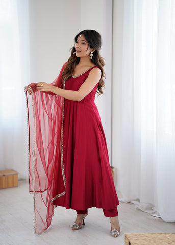 Pure Soft Roman Silk Chanderi Fabric Anarkali Suit Comes With Duppatta & Pant - Maroon