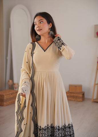 Luxury Beige Faux Georgette Thread Embroidered Suit Set With Dupatta