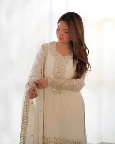 White Pure Chinon Silk Kurta Suit Set With Dupatta & Pant