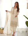 White Pure Chinon Silk Kurta Suit Set With Dupatta & Pant