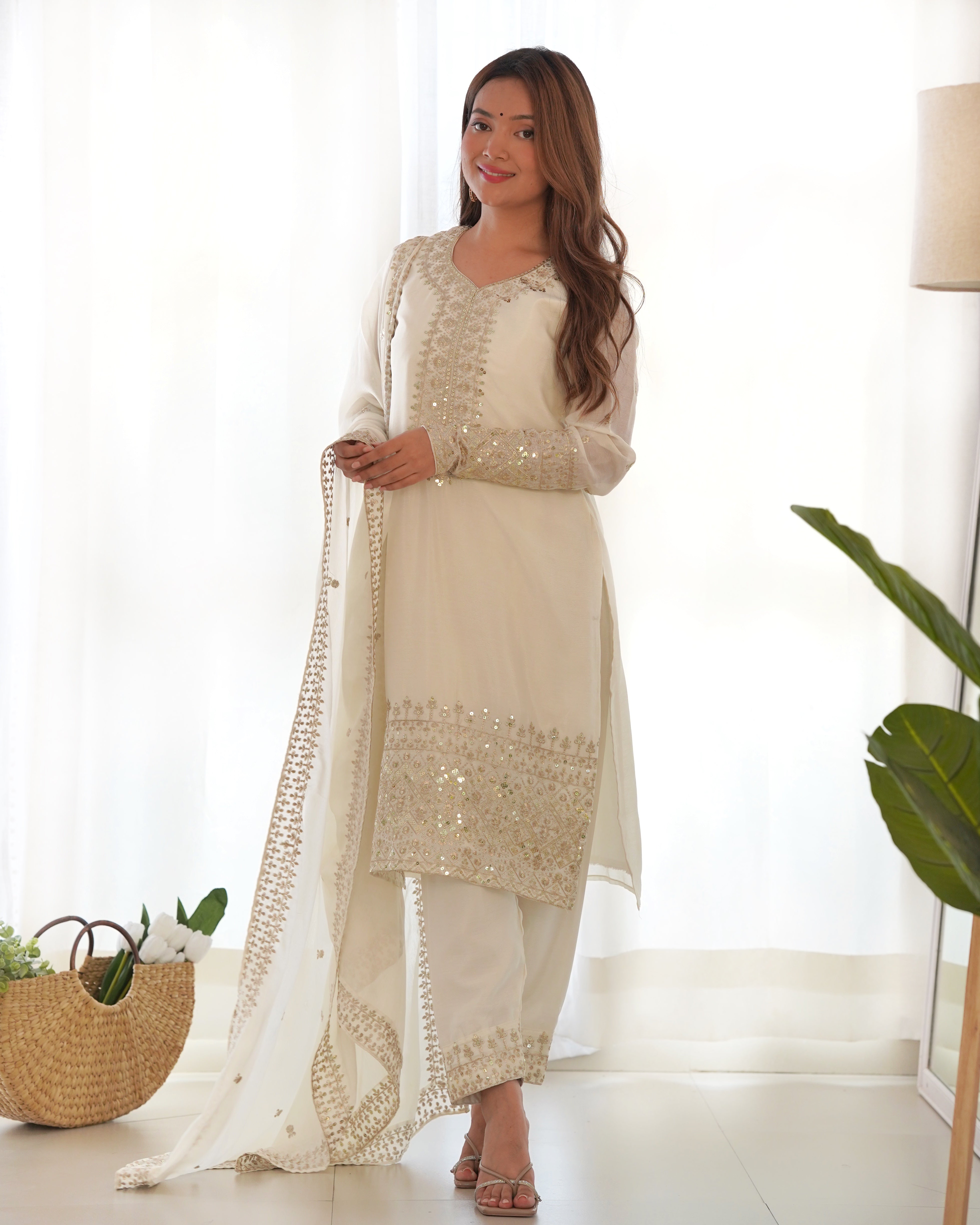 White Pure Chinon Silk Kurta Suit Set With Dupatta & Pant