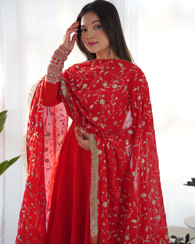 Red Color Pure Faux Georgette Kurti With Huge Flair Comes With Duppatta & Pant