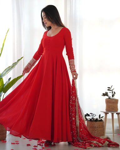 Red Color Pure Faux Georgette Kurti With Huge Flair Comes With Duppatta & Pant