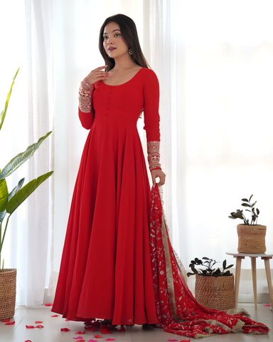 Red Color Pure Faux Georgette Kurti With Huge Flair Comes With Duppatta & Pant