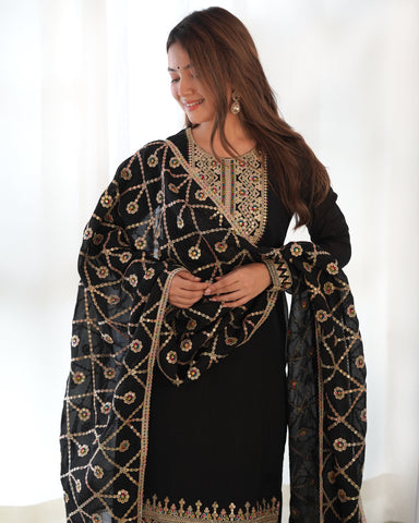 Black Pure Blooming Vichitra Silk Kurta Suit Set With Dupatta & Pant