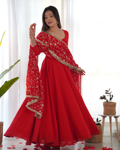 Red Color Pure Faux Georgette Kurti With Huge Flair Comes With Duppatta & Pant