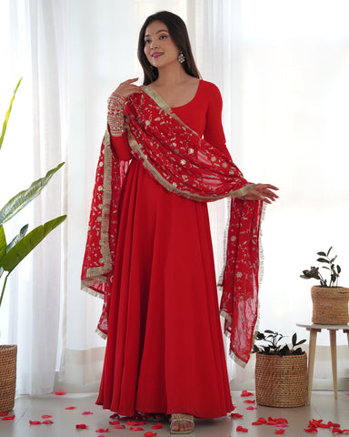 Red Color Pure Faux Georgette Kurti With Huge Flair Comes With Duppatta & Pant