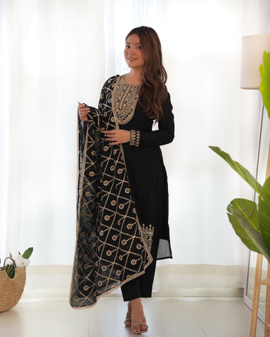 Black Pure Blooming Vichitra Silk Kurta Suit Set With Dupatta & Pant