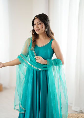 Rama Pure Roman Silk Flared Anarkali Set with Dupatta & Pant