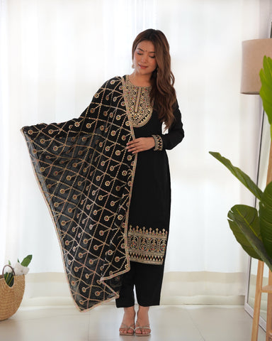 Black Pure Blooming Vichitra Silk Kurta Suit Set With Dupatta & Pant