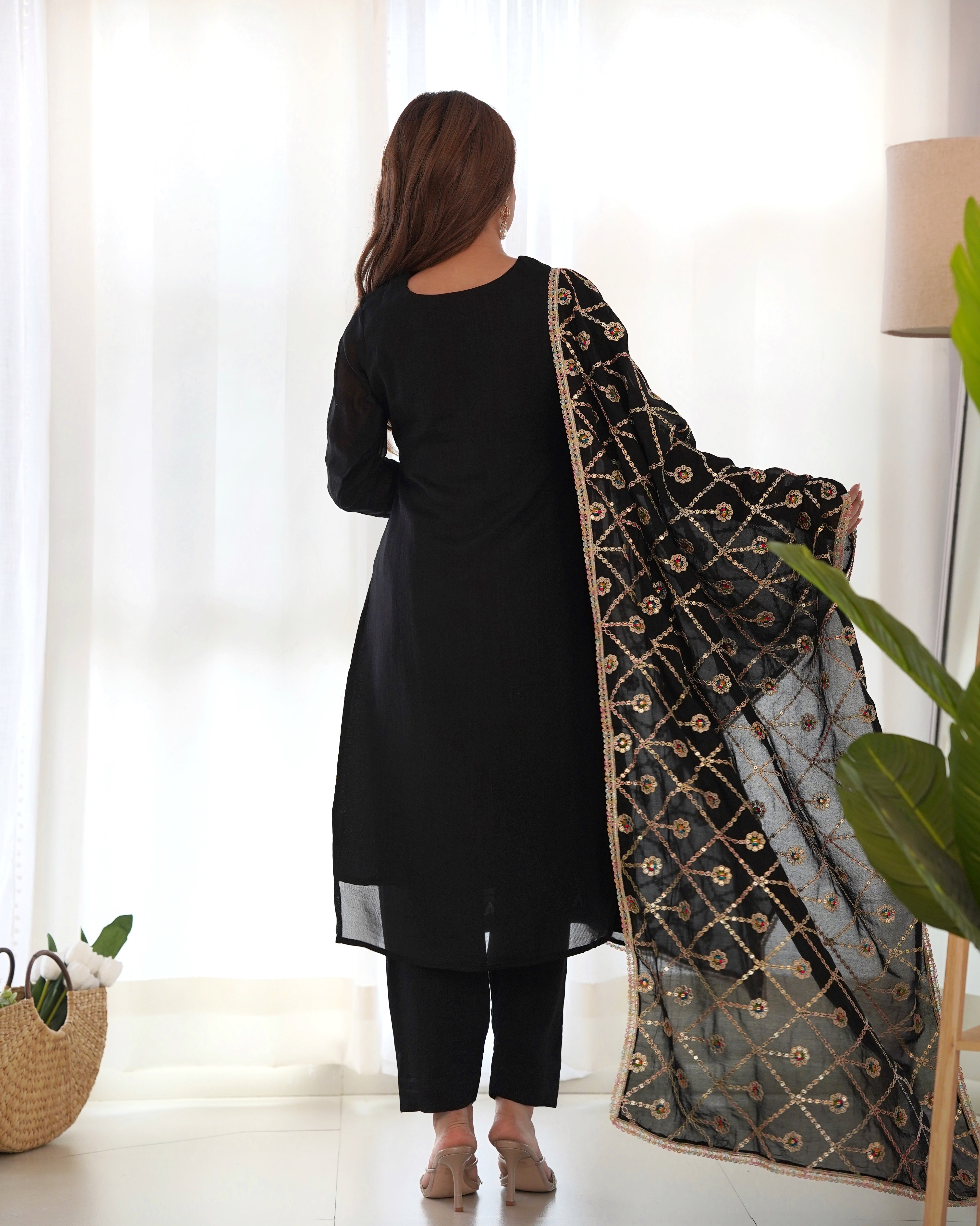 Black Pure Blooming Vichitra Silk Kurta Suit Set With Dupatta & Pant