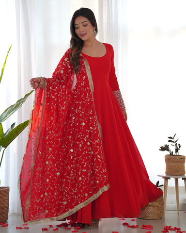 Red Color Pure Faux Georgette Kurti With Huge Flair Comes With Duppatta & Pant