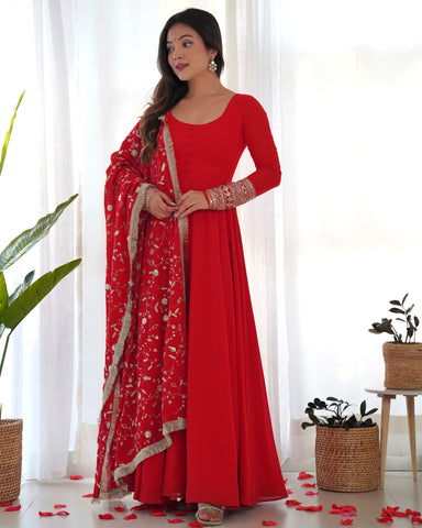 Red Color Pure Faux Georgette Kurti With Huge Flair Comes With Duppatta & Pant