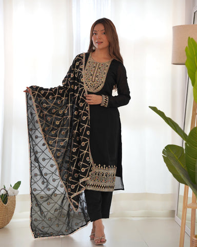 Black Pure Blooming Vichitra Silk Kurta Suit Set With Dupatta & Pant