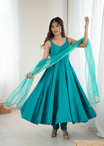 Rama Pure Roman Silk Flared Anarkali Set with Dupatta & Pant