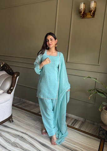 Designer Sky Crunchy Silk Siroski Work Women's Suit Set