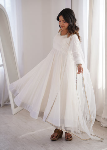 Beautiful White Roman Silk Chanderi Lace Work Anarkali Suit Set