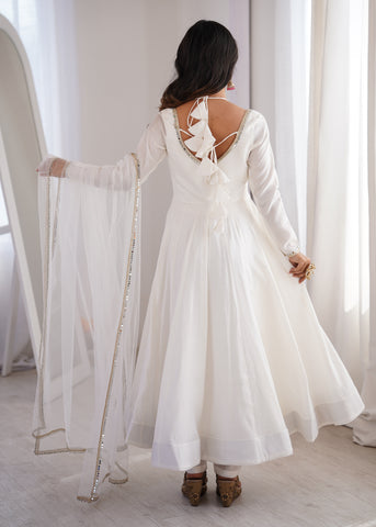 Beautiful White Roman Silk Chanderi Lace Work Anarkali Suit Set