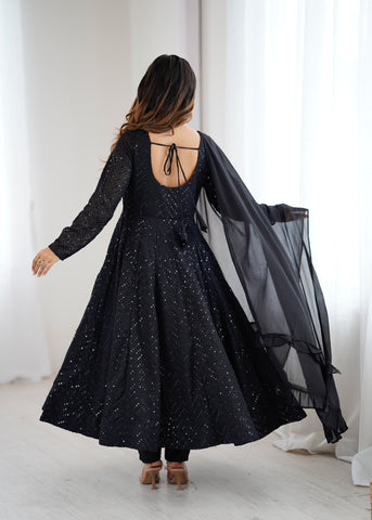 Graceful Black Soft Fox Georgette Anarkali Gown With Dupatta