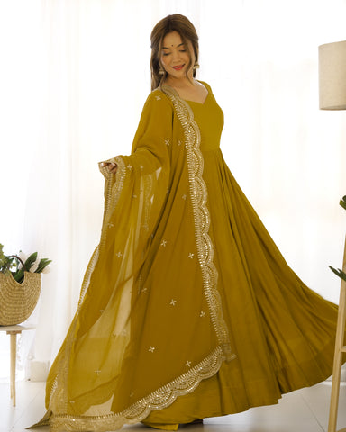 NEW PREMIUM QUALITY PURE ROMANSILK CHANDERI FABRIC FULLY FLAIR ANARKALI,WITH DUPPTA SET,PENT READY TO WEAR-MUSTURD