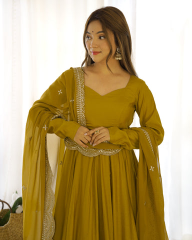 NEW PREMIUM QUALITY PURE ROMANSILK CHANDERI FABRIC FULLY FLAIR ANARKALI,WITH DUPPTA SET,PENT READY TO WEAR-MUSTURD