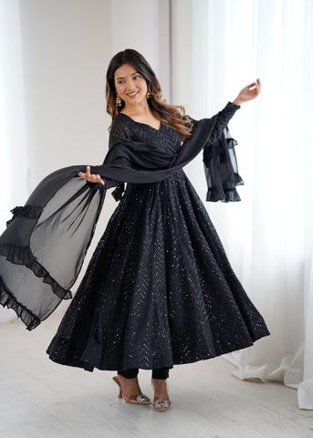 Graceful Black Soft Fox Georgette Anarkali Gown With Dupatta