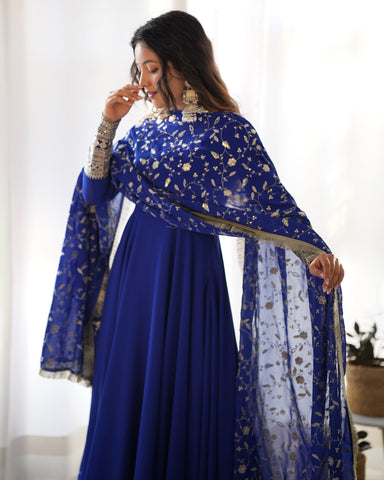 Royal Blue Color Pure Faux Georgette Kurti With Huge Flair Comes With Duppatta & Pant