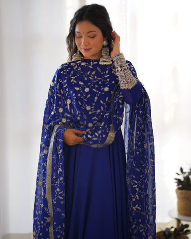 Royal Blue Color Pure Faux Georgette Kurti With Huge Flair Comes With Duppatta & Pant