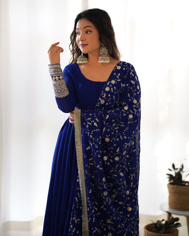 Royal Blue Color Pure Faux Georgette Kurti With Huge Flair Comes With Duppatta & Pant