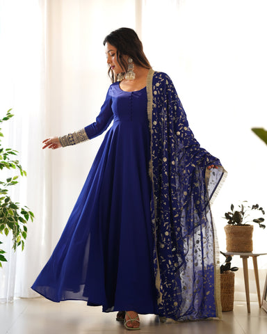 Royal Blue Color Pure Faux Georgette Kurti With Huge Flair Comes With Duppatta & Pant