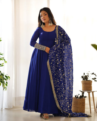 Royal Blue Color Pure Faux Georgette Kurti With Huge Flair Comes With Duppatta & Pant