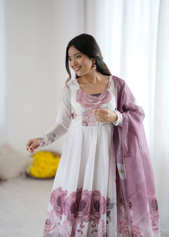Floral Pure Soft Tabby Organza Silk Three Piece Anarkali Suit - Onion Pink
