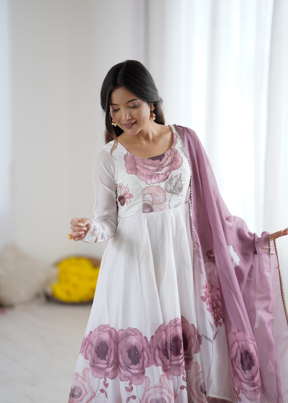 Floral Pure Soft Tabby Organza Silk Three Piece Anarkali Suit - Onion Pink