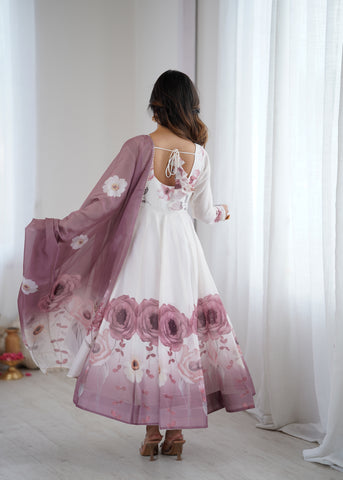 Floral Pure Soft Tabby Organza Silk Three Piece Anarkali Suit - Onion Pink
