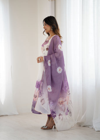 Floral Pure Soft Tabby Organza Silk Three Piece Anarkali Suit - Violate
