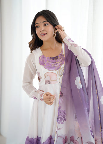 Floral Pure Soft Tabby Organza Silk Three Piece Anarkali Suit - Violate