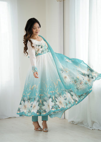 Floral Pure Soft Tabby Organza Silk Three Piece Anarkali Suit - Sky