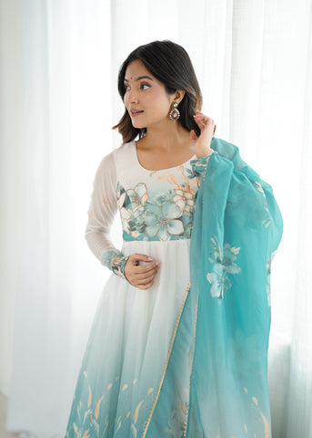 Floral Pure Soft Tabby Organza Silk Three Piece Anarkali Suit - Sky