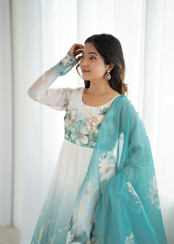 Floral Pure Soft Tabby Organza Silk Three Piece Anarkali Suit - Sky