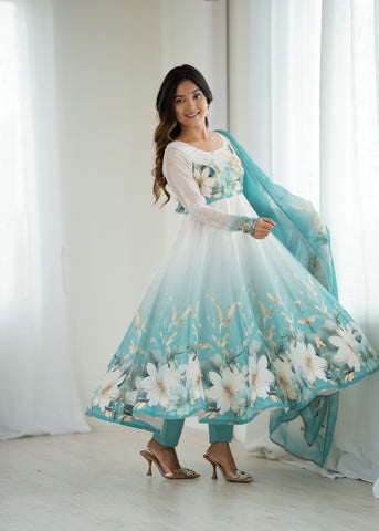 Floral Pure Soft Tabby Organza Silk Three Piece Anarkali Suit - Sky