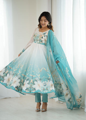 Floral Pure Soft Tabby Organza Silk Three Piece Anarkali Suit - Sky