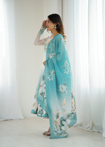 Floral Pure Soft Tabby Organza Silk Three Piece Anarkali Suit - Sky